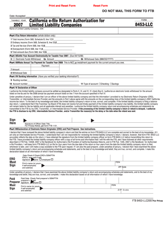 Fillable Form 8453-Llc - California E-File Return Authorization For Limited Liability Companies - 2007 Printable pdf