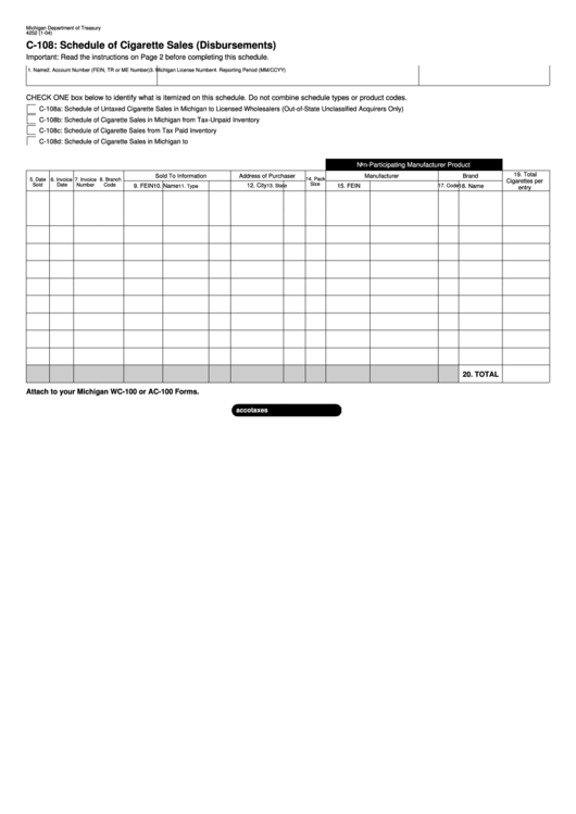 Form 4252 - C-108: Schedule Of Cigarette Sales - 2004 Printable pdf