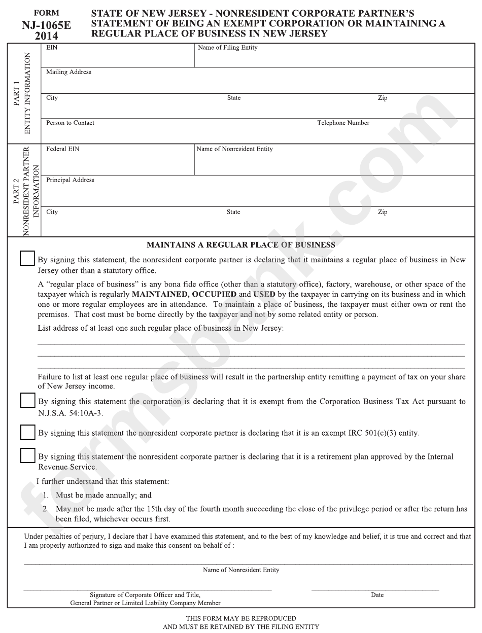 Form Nj-1065e - Statement Of Being An Exempt Corporation Or Maintaining A Regular Place Of Business In New Jersey - 2014
