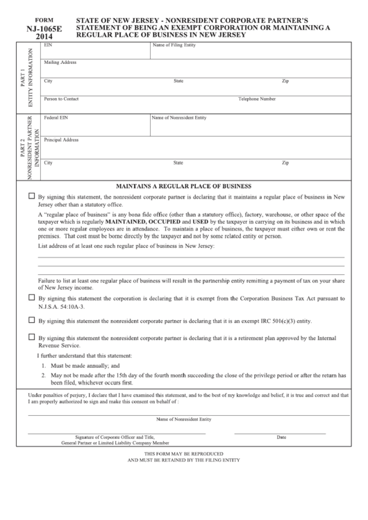 Fillable Form Nj-1065e - Statement Of Being An Exempt Corporation Or Maintaining A Regular Place Of Business In New Jersey - 2014 Printable pdf