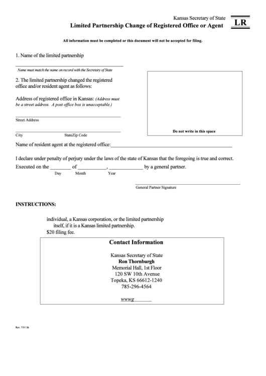 Form Lr - Limited Partnership Change Of Registered Office Or Agent Form - Kansas Secretary Of State Printable pdf