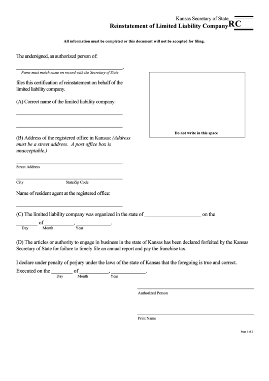 Form Rc - Reinstatement Of Limited Liability Company Form - Kansas Secretary Of State Printable pdf