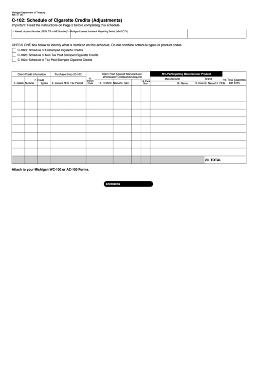 Form 4251 - C-102: Schedule Of Cigarette Credits (Adjustments) Printable pdf
