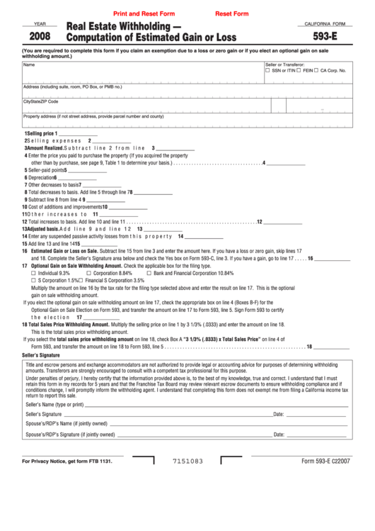 Fillable Form 593-E - Real Estate Withholding - Computation Of Estimated Gain Or Loss - 2008 Printable pdf