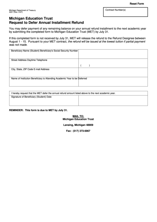Fillable Form 4221 - Michigan Education Trust Request To Defer Annual Installment Refund Printable pdf