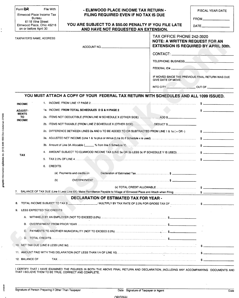 Elmwood Place Income Tax Return Form - Income Tax Bureau - Elmwood Place - Ohio
