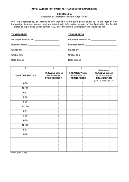 Fillable Form Er-66 - Schedule A - Application For Partial Transfer Of Experience - 2005 Printable pdf