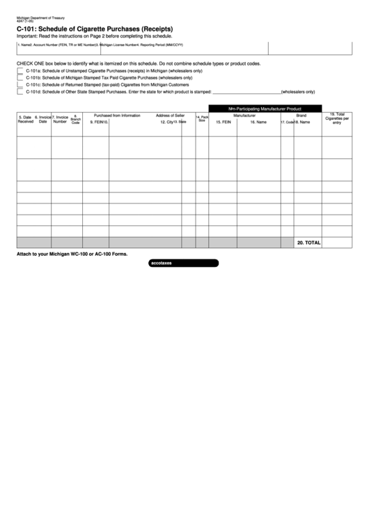 Form 4247 - C-101 - Schedule Of Cigarette Purchases - 2005 Printable pdf