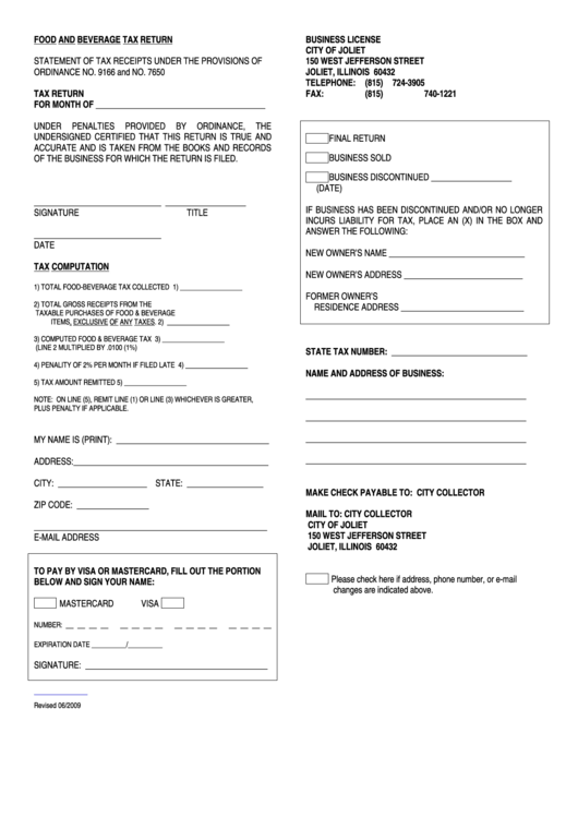 Food And Beverage Tax Return Form - 2009 Printable pdf
