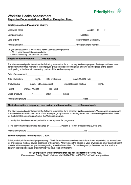Physician Documentation Or Medical Exception Form Printable pdf