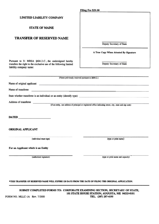 Form Mllc-1a - Transfer Of Reserved Name Form - Secretary Of State - Maine Printable pdf