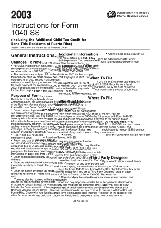 Instructions For Form 1040-Ss - U.s. Self-Employment Tax Return (Including The Additional Child Tax Credit For Bona Fide Residents Of Puerto Rico) - Internal Revenue Service - 2003 Printable pdf