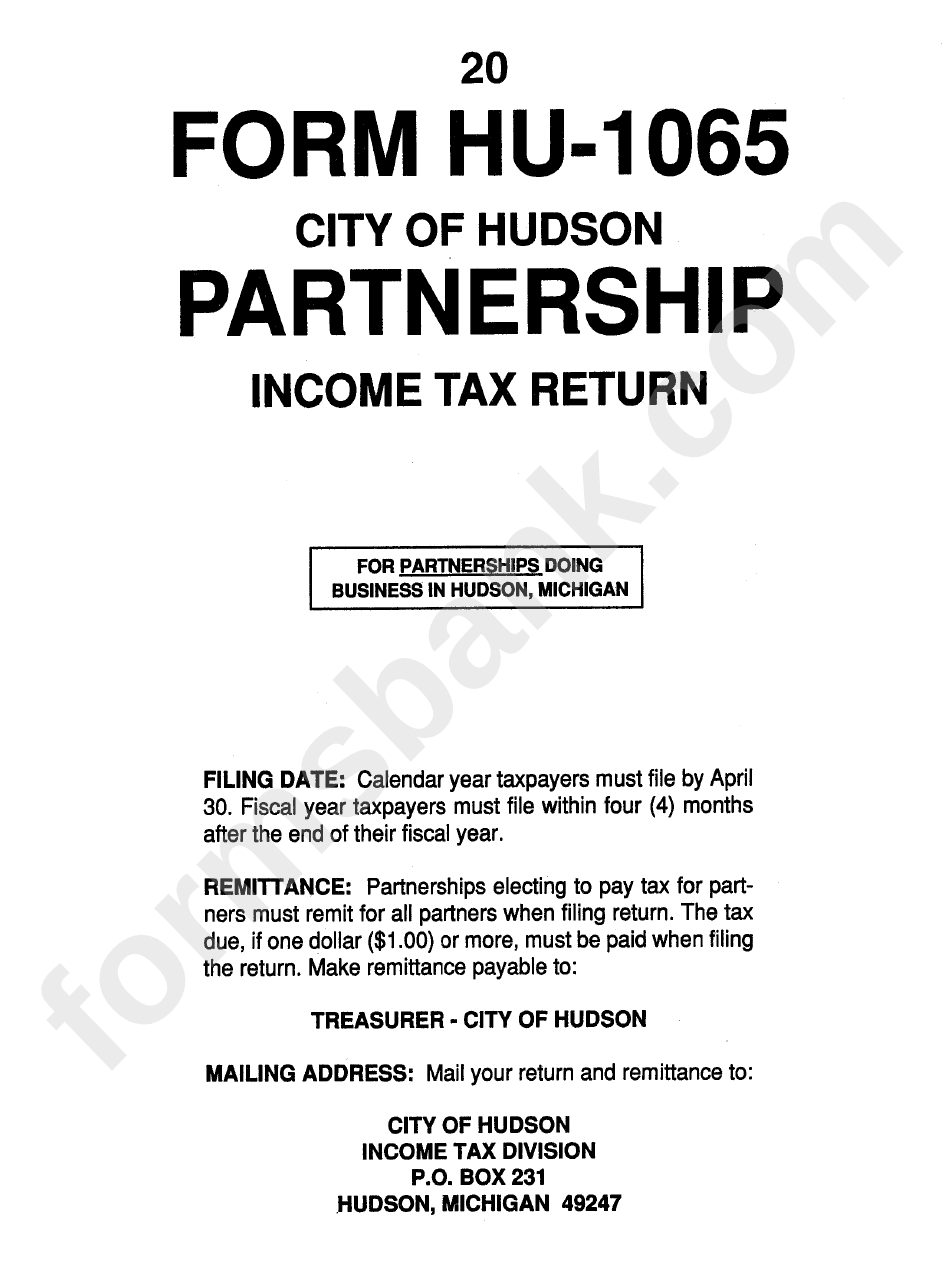 Form Hu-1065 - Income Tax Return Form - Income Tax Division - Hudson - Michigan