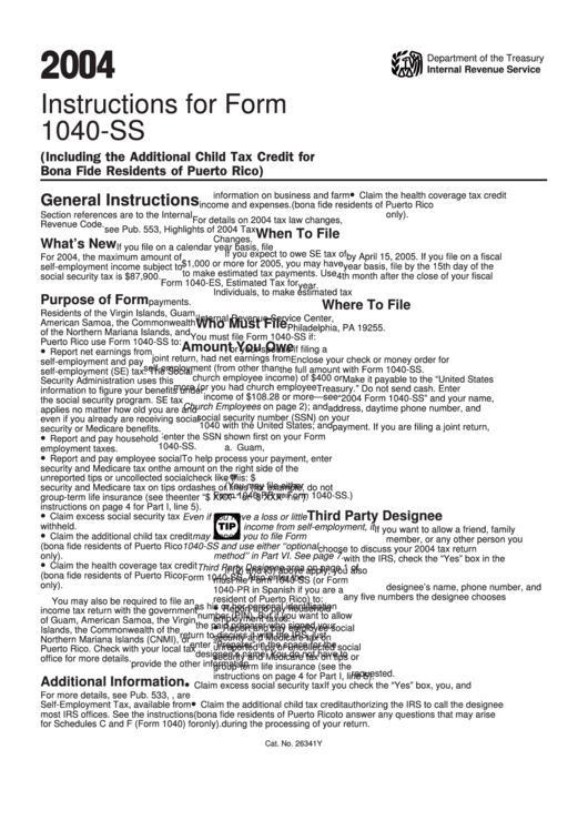 Instructions For Form 1040-Ss - U.s. Self-Employment Tax Return (Including The Additional Child Tax Credit For Bona Fide Residents Of Puerto Rico) - Internal Revenue Service - 2004 Printable pdf