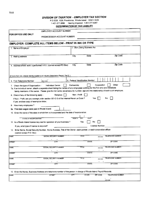 Form Tx-8 - Determination Of Tax Liability Form - Division Of Taxation - Providence - Rhose Island Printable pdf