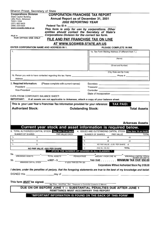 Corporation Franchise Tax Report Form - Secretary Of State - Arkansas Printable pdf