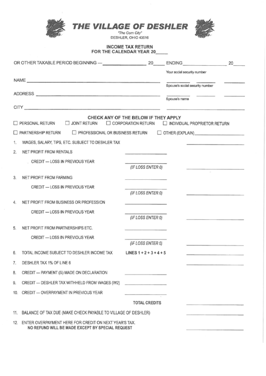 Income Tax Return Form - Village Of Deshler - Ohio Printable pdf
