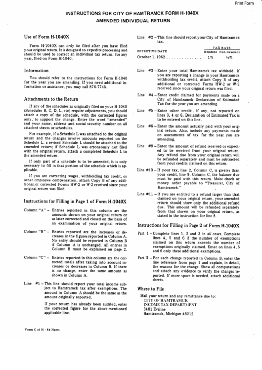 Instructions For City Of Hamtramck Form H-1040x - Hamtramck - Michigan Printable pdf