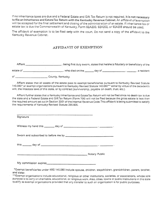 Affidavit Of Exemption Form - Kentucky Revenue Cabinet - Kentucky Printable pdf