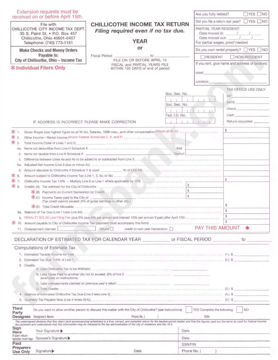 Chillicothe Tax Return Form City Tax Department