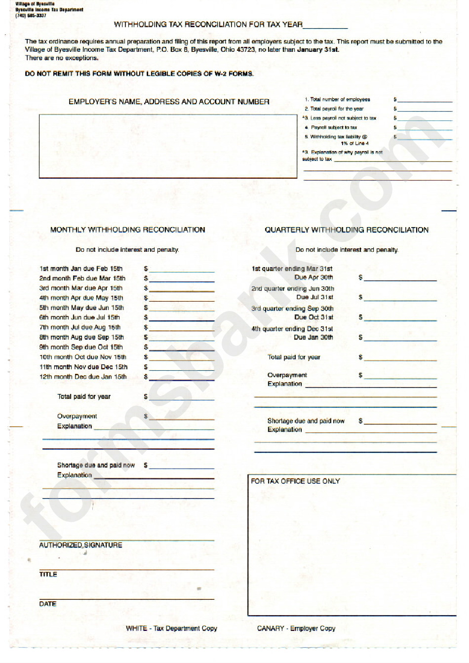 Withholding Tax Reconciliation Form - Income Tax Department - Byesville - Ohio