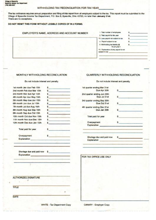 Withholding Tax Reconciliation Form - Income Tax Department - Byesville - Ohio Printable pdf