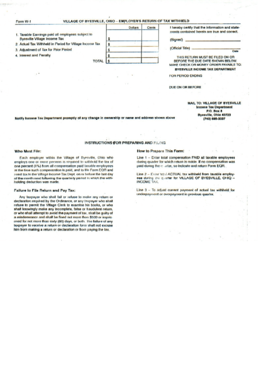 Form W1 Employer'S Return Of Tax Withheld Form Tax