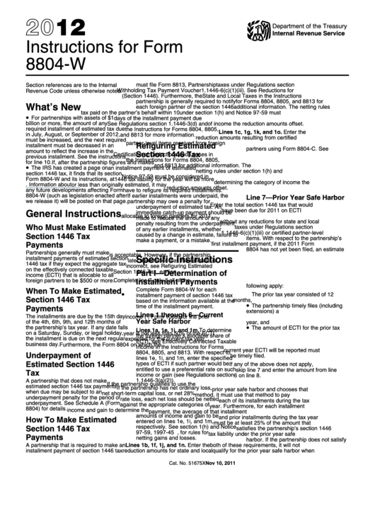 Instructions For Form 8804-W - Estimated Section 1446 Tax Payments - Internal Revenue Service - 2012 Printable pdf