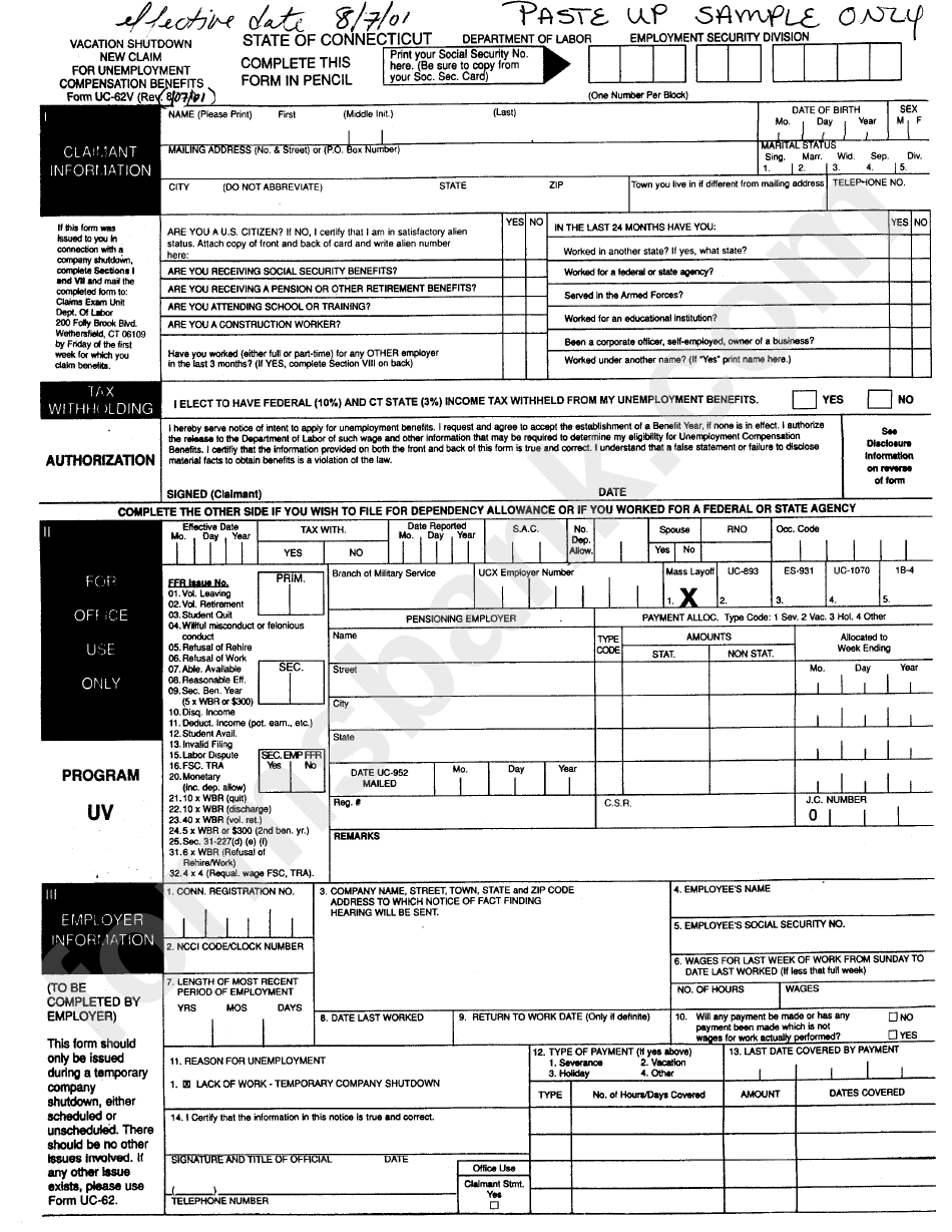 Form Uc-62v - Vacation Shutdown New Claim For Unemployment Compensation Benefits Form - Department Of Labor - Connecticut