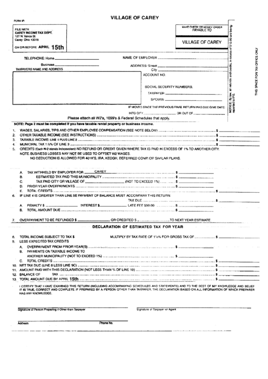 Form Ir - Declaration Of Estimated Tax Form - Income Tax Department - Carey - Ohio Printable pdf