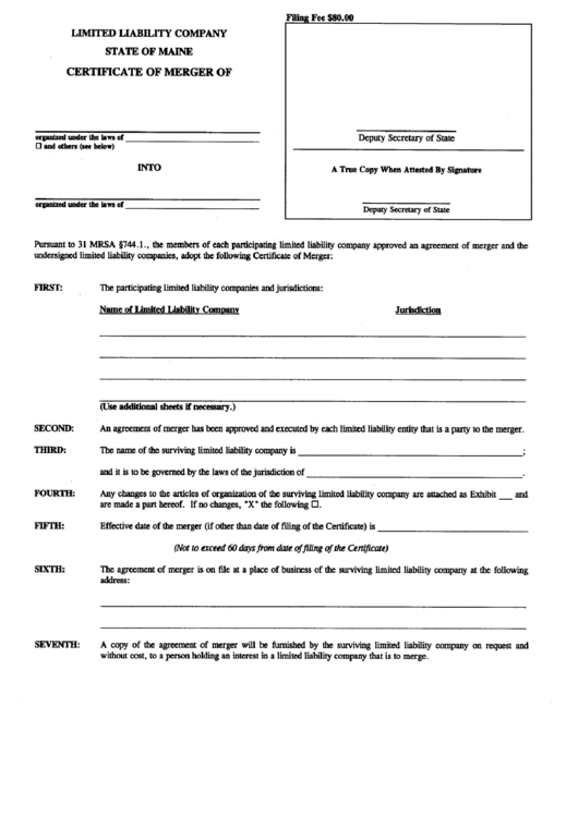 Form Mllc-10 - Certificate Of Merger Form - Secretary Of State - Maine