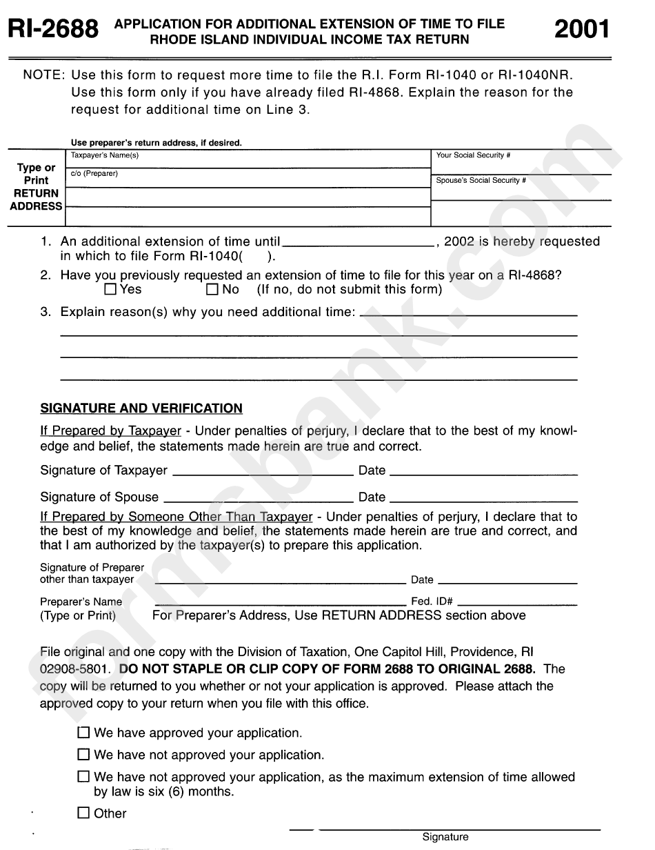 Form Ri-2688 - Application For Additional Extension Of Time To File Rhode Island Individual Tax Return Form - Rhode Island