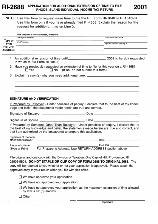 Form Ri-2688 - Application For Additional Extension Of Time To File Rhode Island Individual Tax Return Form - Rhode Island Printable pdf