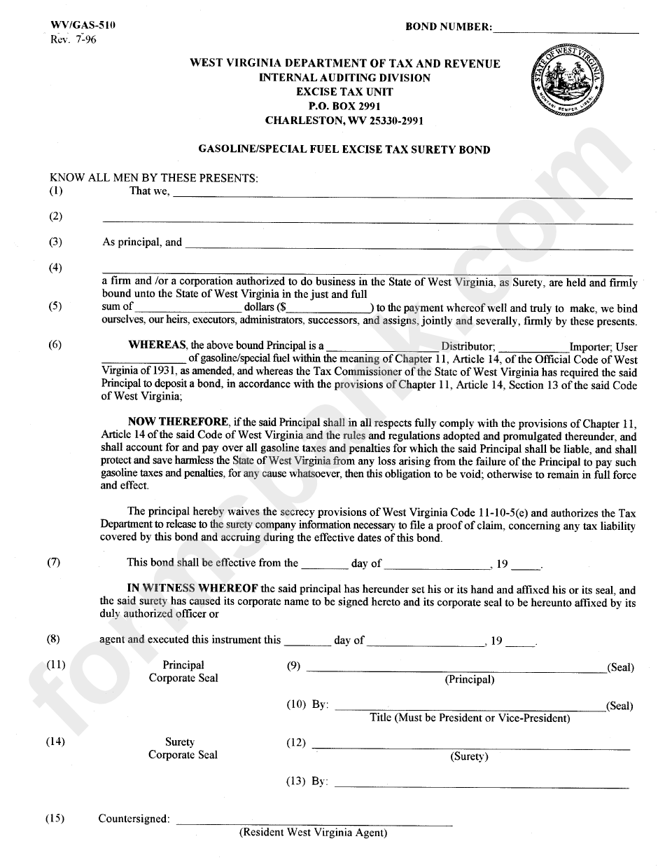 Form Wv/gas-510 - Gasoline/special Fuel Excise Tax Surety Bond Form - Department Of Tax And Revenue - West Virginia