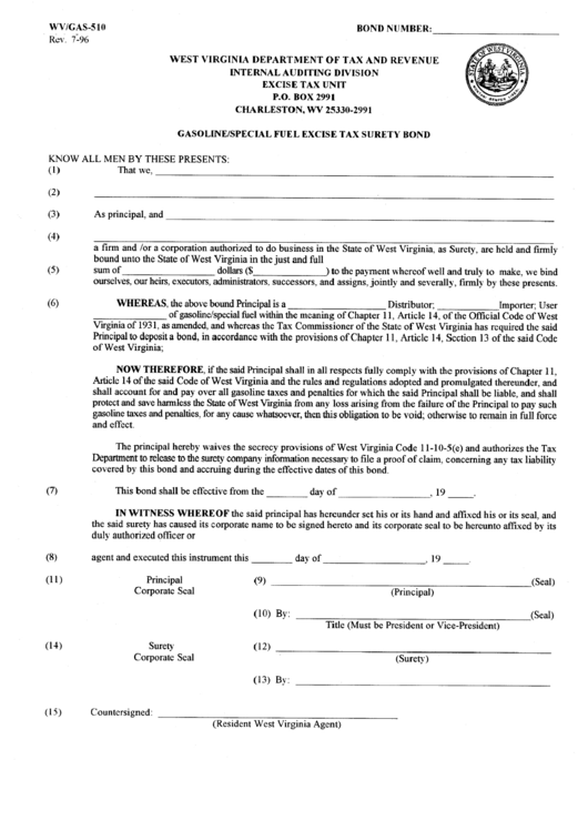 Form Wv/gas-510 - Gasoline/special Fuel Excise Tax Surety Bond Form - Department Of Tax And Revenue - West Virginia Printable pdf