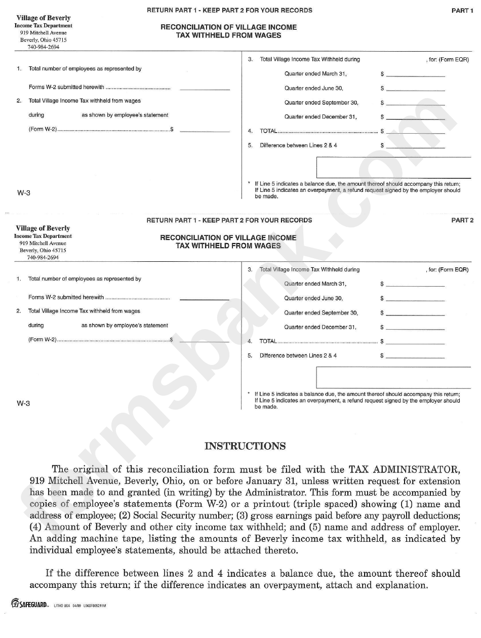 Form W-3 - Reconciliation Of Village Income Tax Withheld Form Wages - Income Tax Department - Beverly - Ohio