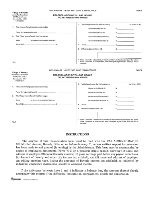 Form W-3 - Reconciliation Of Village Income Tax Withheld Form Wages - Income Tax Department - Beverly - Ohio Printable pdf