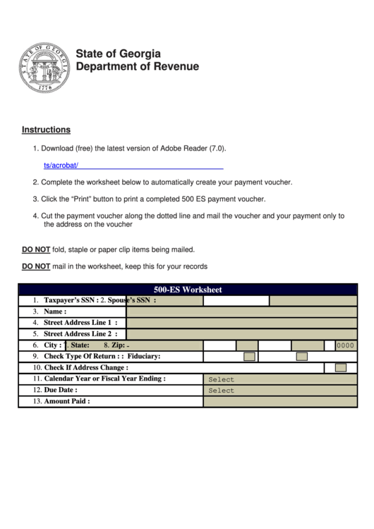 Fillable Form 500 Es - 500-Es Worksheet/individual Estimated Tax Printable pdf