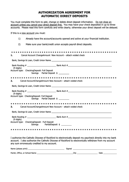 Fillable Authorization Agreement For Direct Deposit Printable pdf