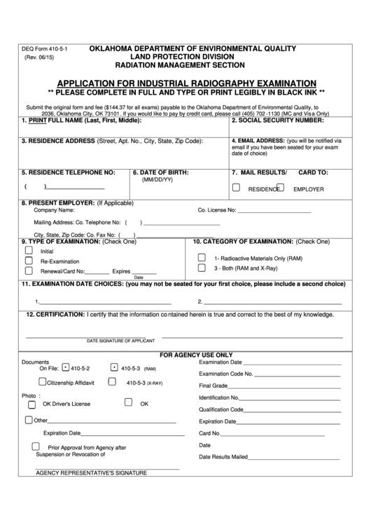 Form 410-5-1 - Application For Industrial Radiography Examination