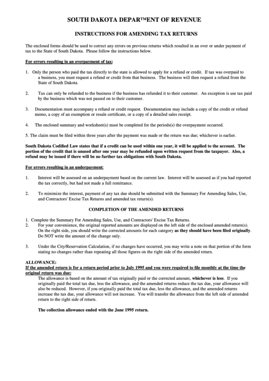 Instructions For Amending Tax Returns - South Dakota Department Of Revenue Printable pdf