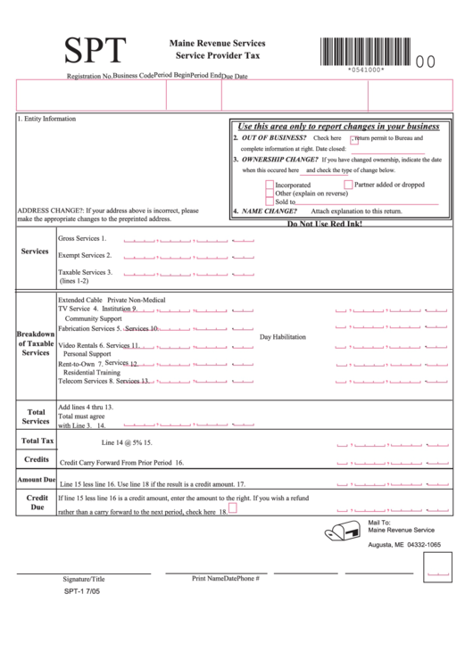 Form Spt-1 7/05 - Maine Revenue Services - Service Provider Tax Printable pdf