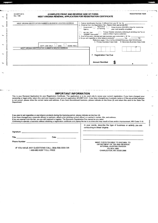 Form Wv/brt-801a - West Virginia Renewal Application For Registration Certificate Printable pdf