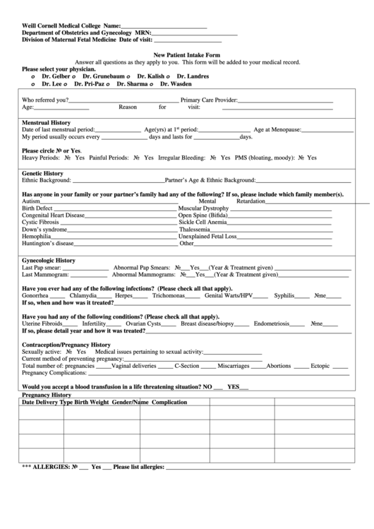 New Patient Intake Form printable pdf download