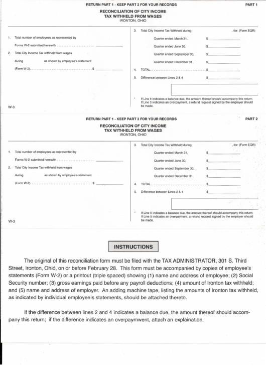Form Eqr - Reconciliation Of City Income Tax Withheld From Wages - State Of Ohio Printable pdf
