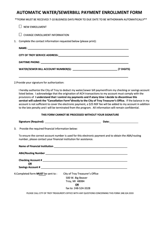 Fillable Automatic Water/sewer Bill Payment Enrollment Form Printable pdf