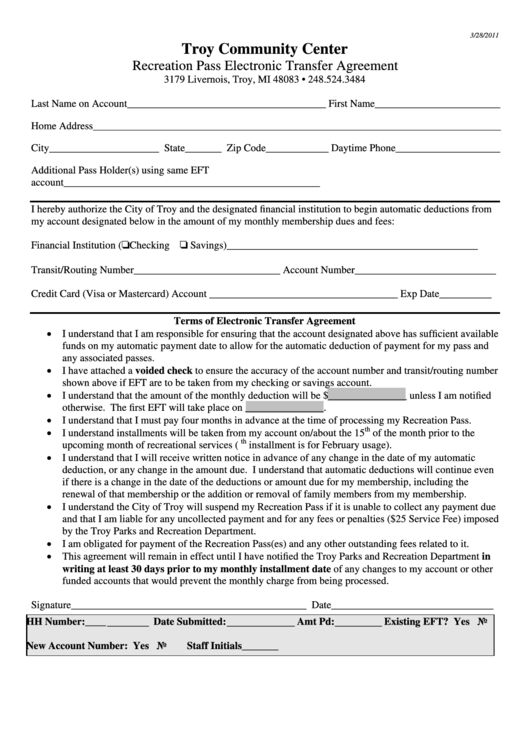 Fillable Recreation Pass Electronic Transfer Agreement Form - 2011 Printable pdf