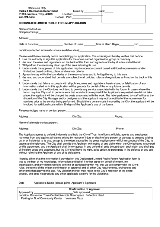 Designated Limited Public Forum Application Form Printable pdf