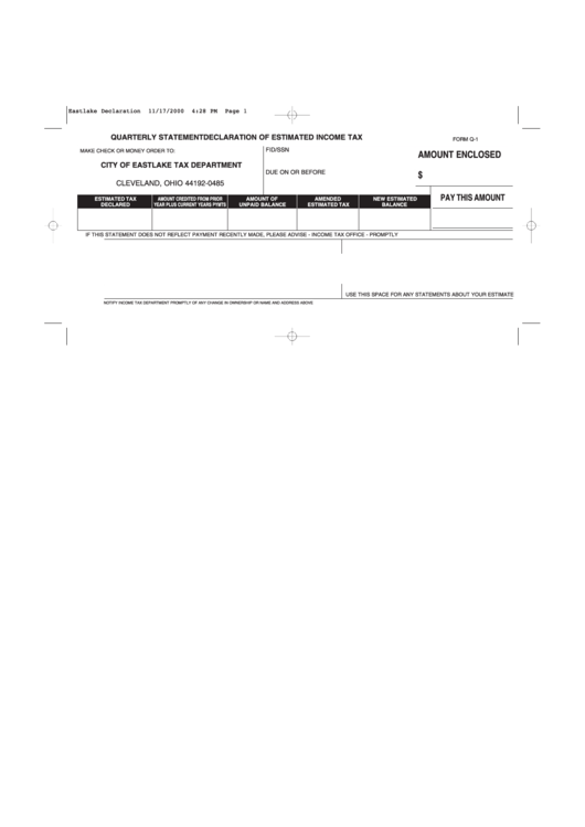 Form Q-1 - Declaration Of Estimated Income Tax - State Of Ohio Printable pdf
