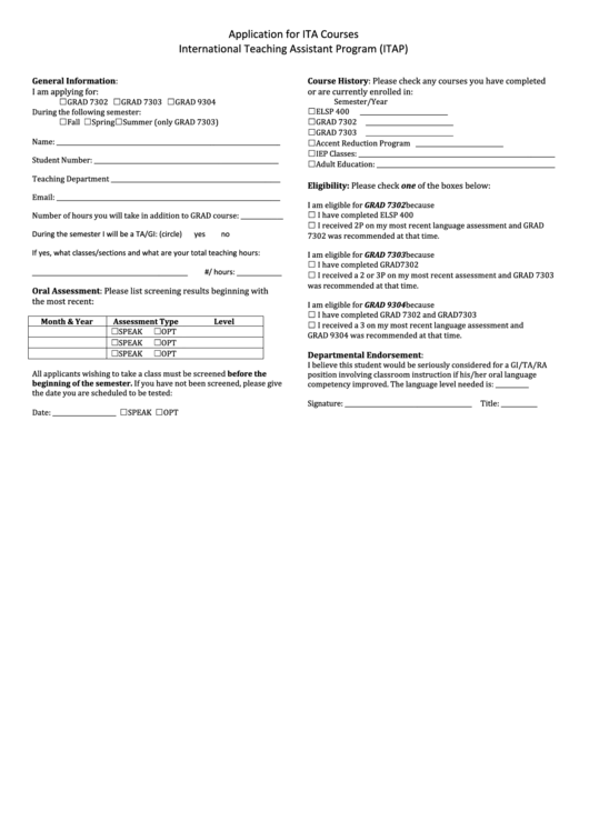 Application For International Teaching Assistant Courses (Itap) Form Printable pdf